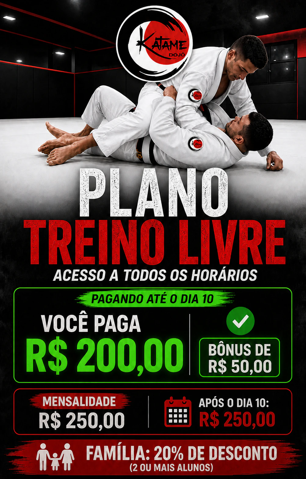 Flyer do Plano Treino Livre do CT Espécime com mensalidade, benefício para pagamento em dia e desconto família